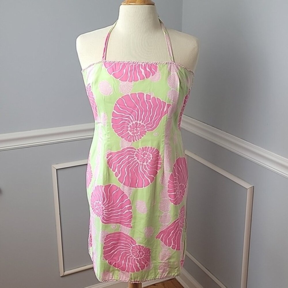 LILLY PULITZER Pink Nautilus Shell Print Strapless Halter Cotton Sheath Dress 4 - Picture 1 of 10